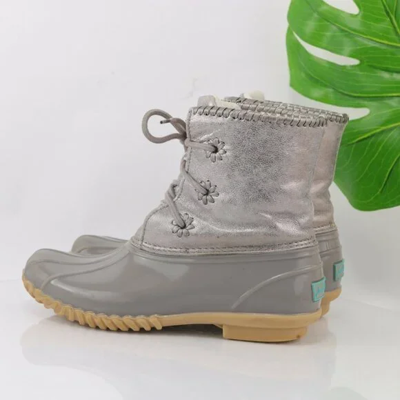 Jack Rogers Womens Hayley Duck Boot Size 8 Gray Silver Lace-Up Rubber Leather - Picture 9 of 12